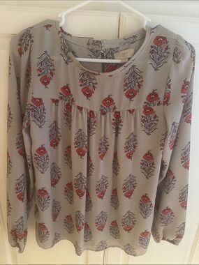 LOFT  Outlet Women's Gray Floral Long-Sleeve Blouse with Red Accents